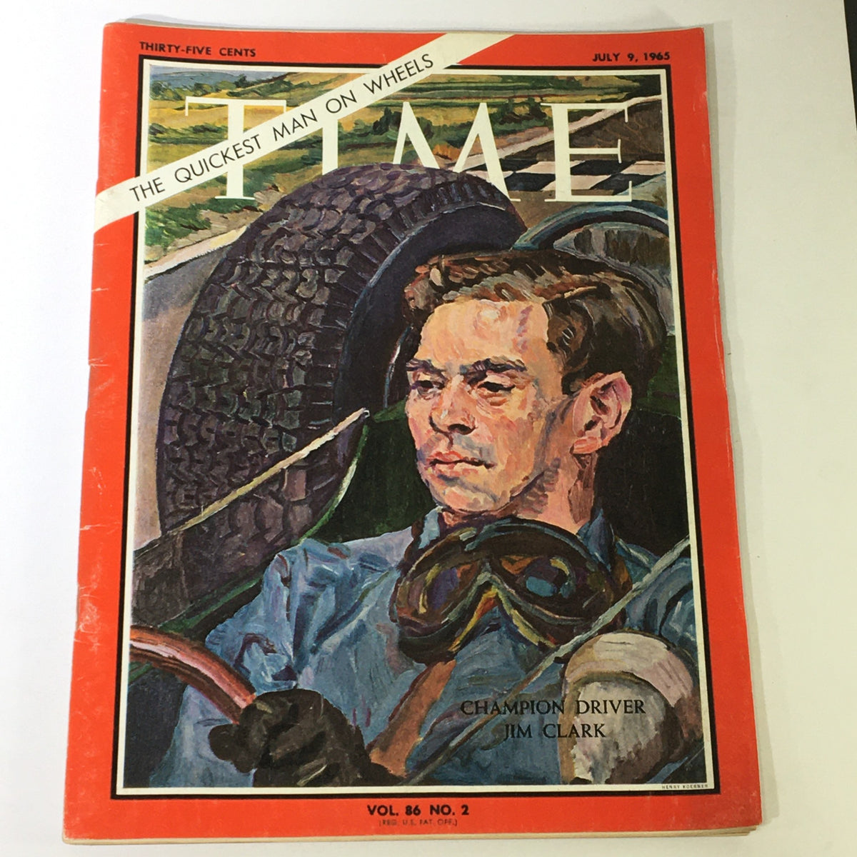 VTG Time Magazine July 9 1965 featuring Champion Driver Jim Clark, titled 'The Quickest Man on Wheels', showcasing an iconic cover with a portrait of Jim Clark in a racing environment.