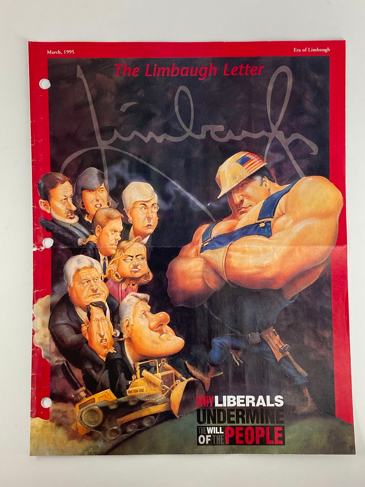 Cover of the Rush Limbaugh Letter Newsletter Magazine from March 1995, featuring a cartoon illustration depicting various political figures with the title 'Why Liberals Undermine the Will of the People' prominently displayed.
