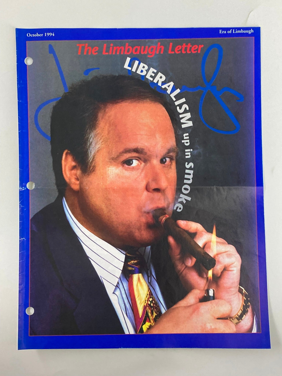 Cover of the Rush Limbaugh Letter Newsletter Magazine from October 1994, featuring Rush Limbaugh smoking a cigar with the title "The Limbaugh Letter" and the phrase "LIBERALISM up in smoke" prominently displayed.