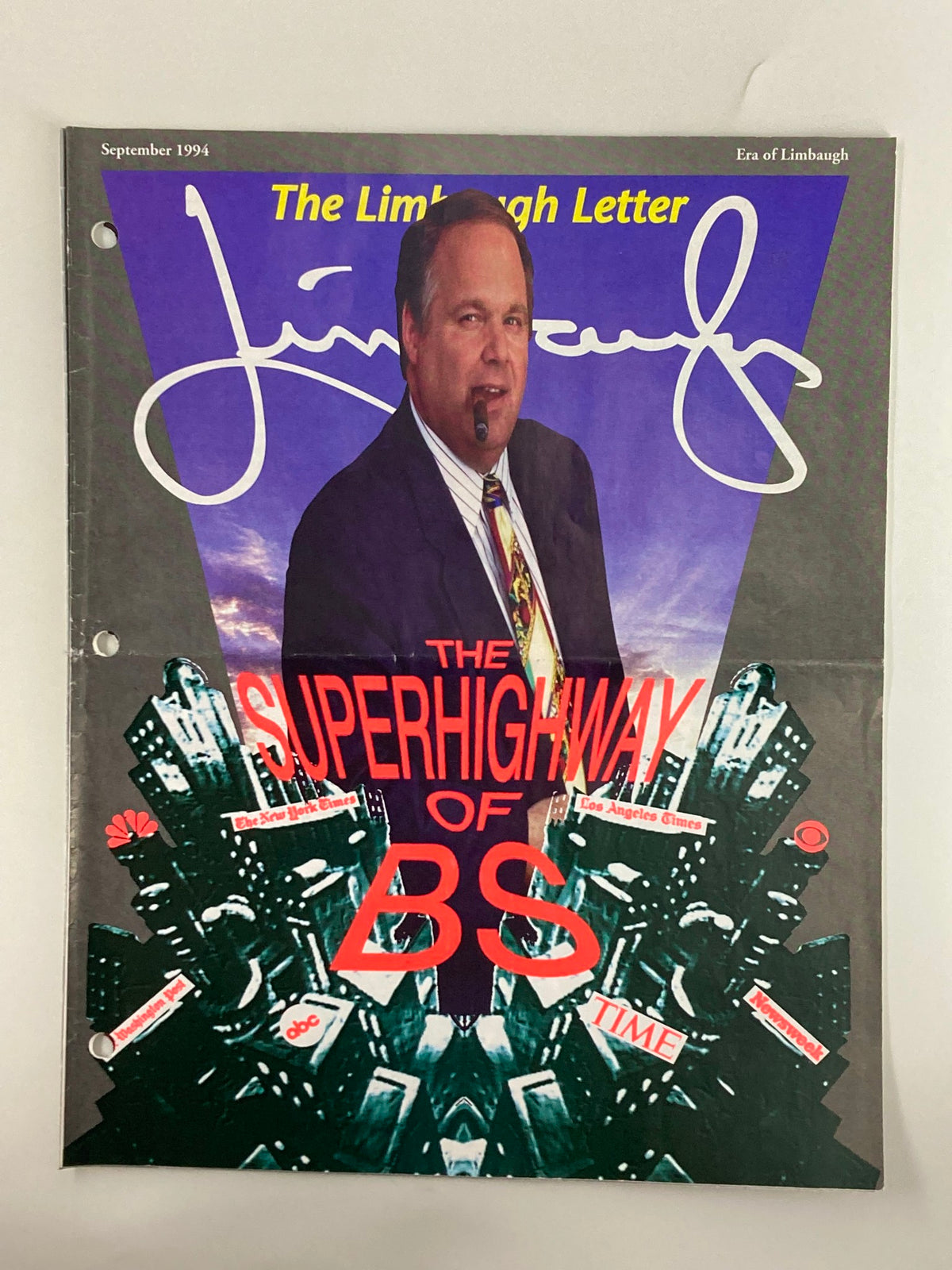 Cover of Rush Limbaugh Letter Newsletter Magazine, September 1994, titled 'The Superhighway of BS', featuring Rush Limbaugh with a cigar and a colorful cityscape background.