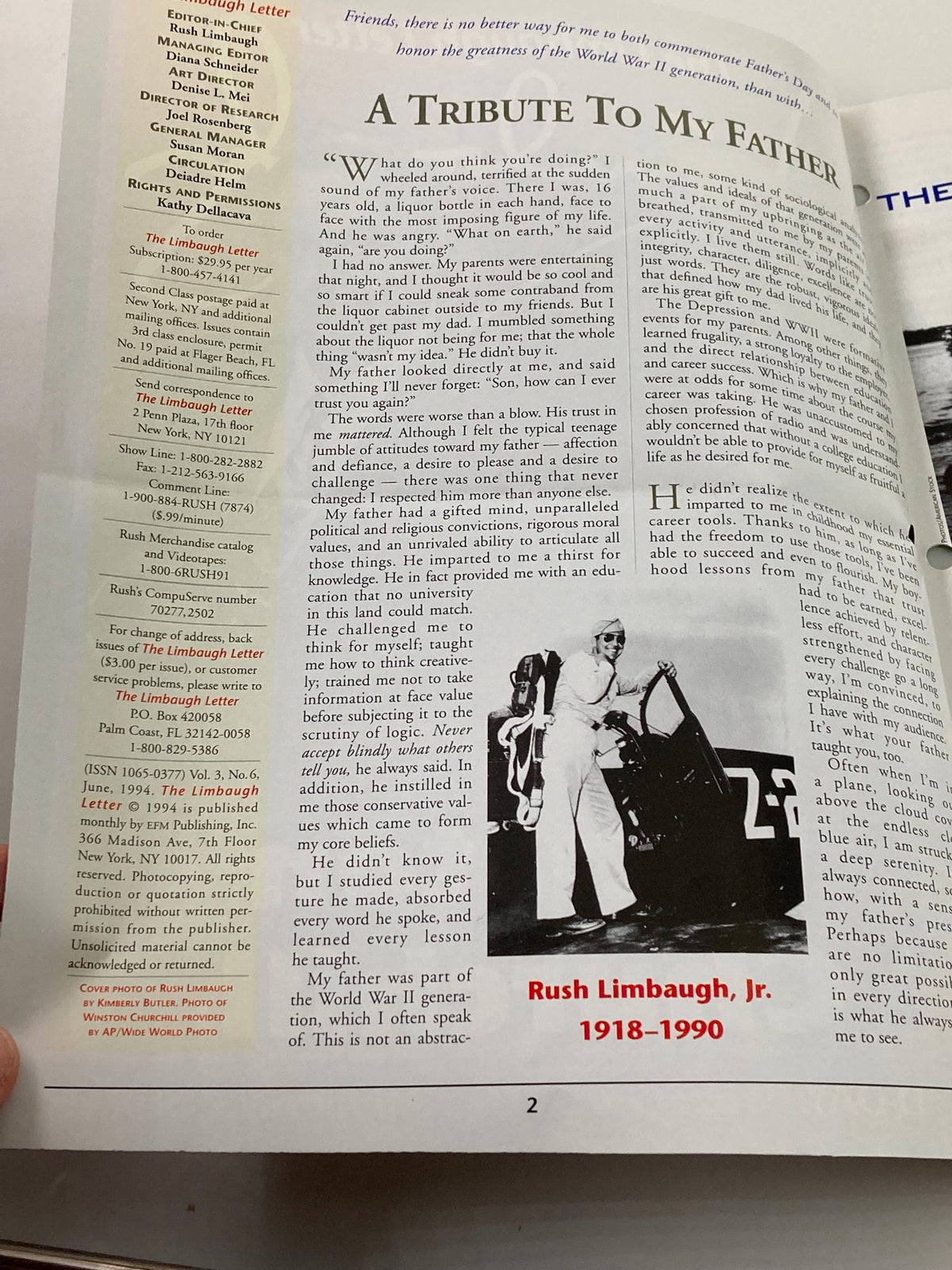Inside page of the Rush Limbaugh Letters Newsletter Magazine from June 1994 featuring an article titled 'A Tribute To My Father' by Rush Limbaugh, Jr. with a photograph of him during World War II.