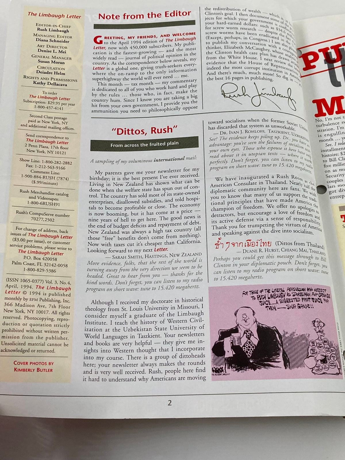 Inside page of the April 1994 Rush Limbaugh Letter, including a note from the editor and editorial content reflecting Limbaugh's conservative viewpoints from that era.