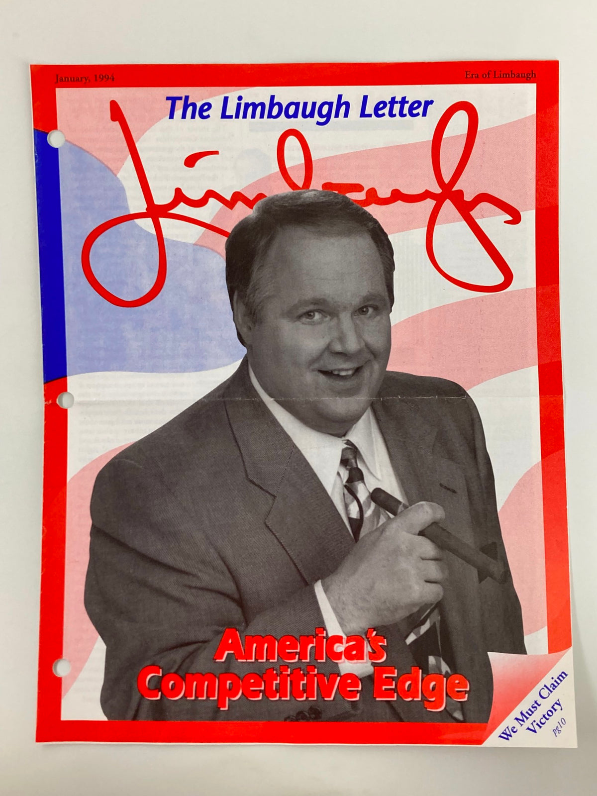 Cover of the Rush Limbaugh Letter Newsletter Magazine January 1994 titled 'America's Competitive Edge' featuring Rush Limbaugh, a notable radio personality, with a patriotic background and his signature.