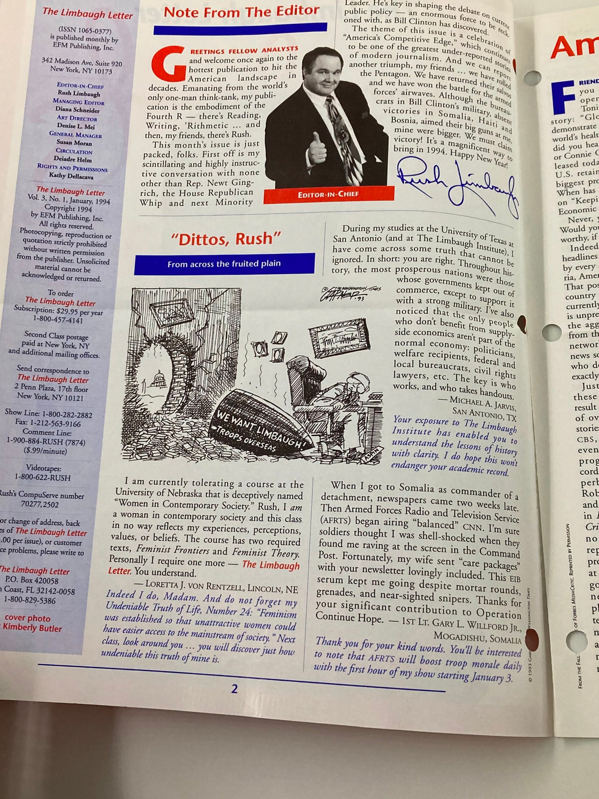 Interior page of the Rush Limbaugh Letter Newsletter Magazine January 1994 showing a note from the editor featuring an image of Rush Limbaugh and discussing current socio-political issues.