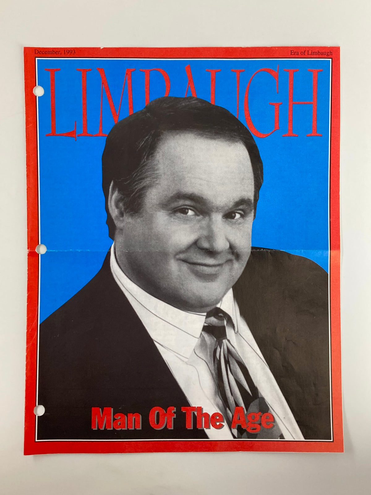 Rush Limbaugh Letters Newsletter Magazine December 1993 cover featuring the title 'Man Of The Age', showcasing a prominent figure with a smiling expression against a blue background.