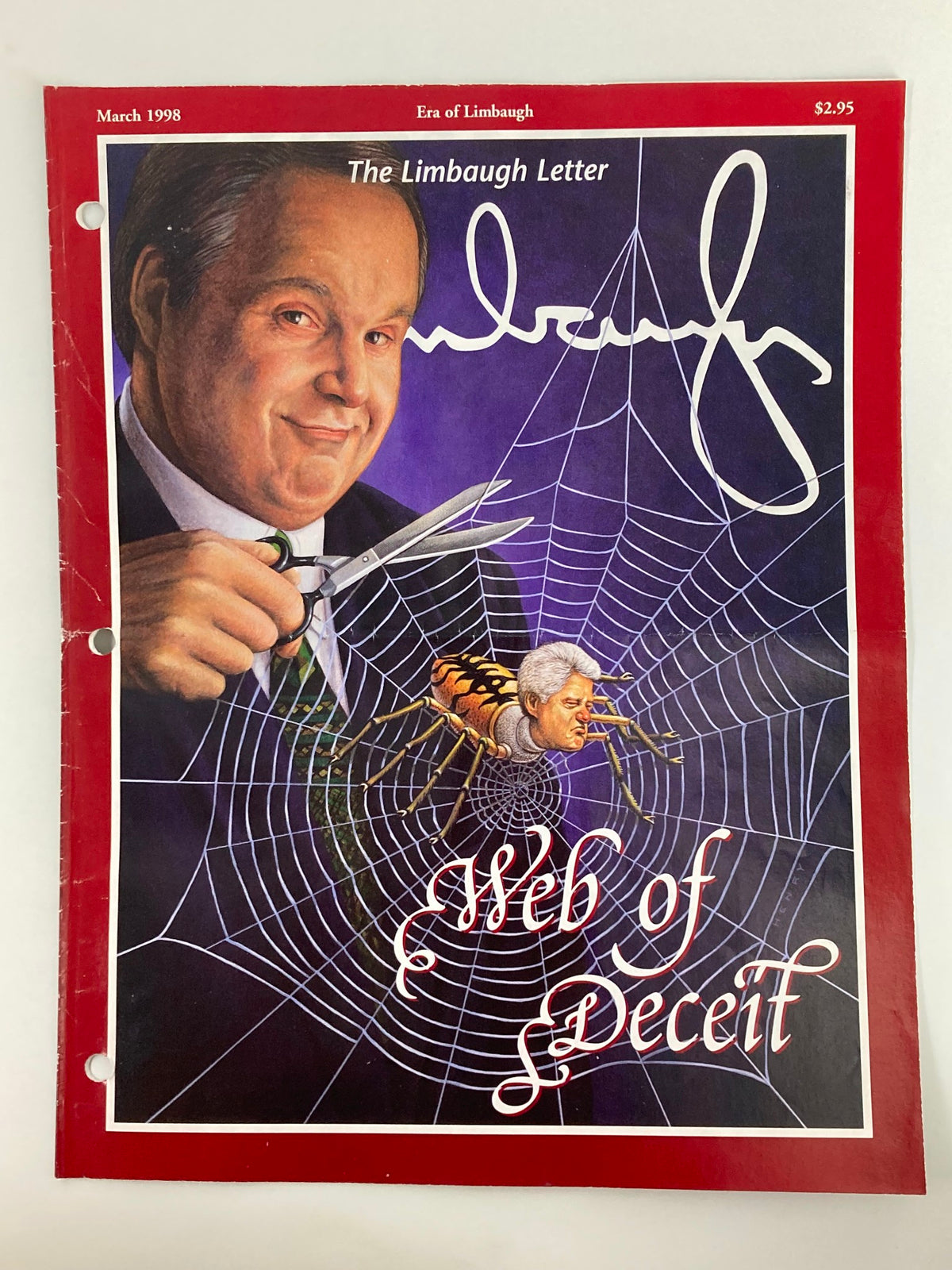 The Limbaugh Letter magazine cover from March 1998 titled 'Web of Deceit', featuring an illustration of Rush Limbaugh with scissors in hand, a spider web background, and a caricature of Bill Clinton as a spider, capturing the political commentary of the era.