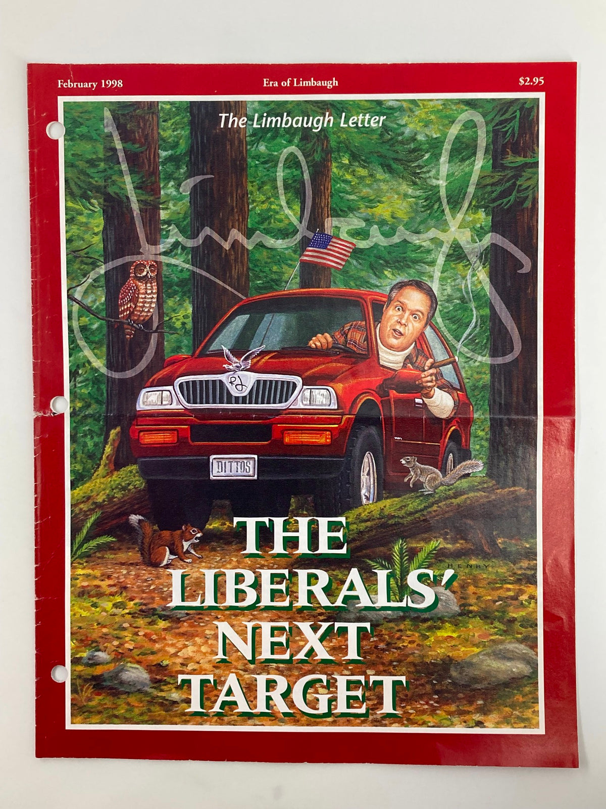 Cover of 'Rush Limbaugh Letter Newsletter Magazine' from February 1998, titled 'The Liberals' Next Target', featuring a caricature of Rush Limbaugh in a red SUV with an American flag.