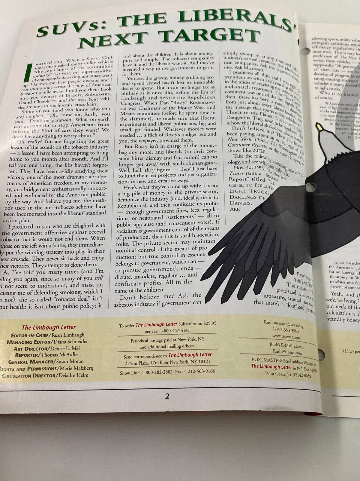 Interior page of 'Rush Limbaugh Letter Newsletter Magazine', February 1998, featuring the article titled 'SUVs: The Liberals' Next Target', discussing themes of political influence on automobile regulations.