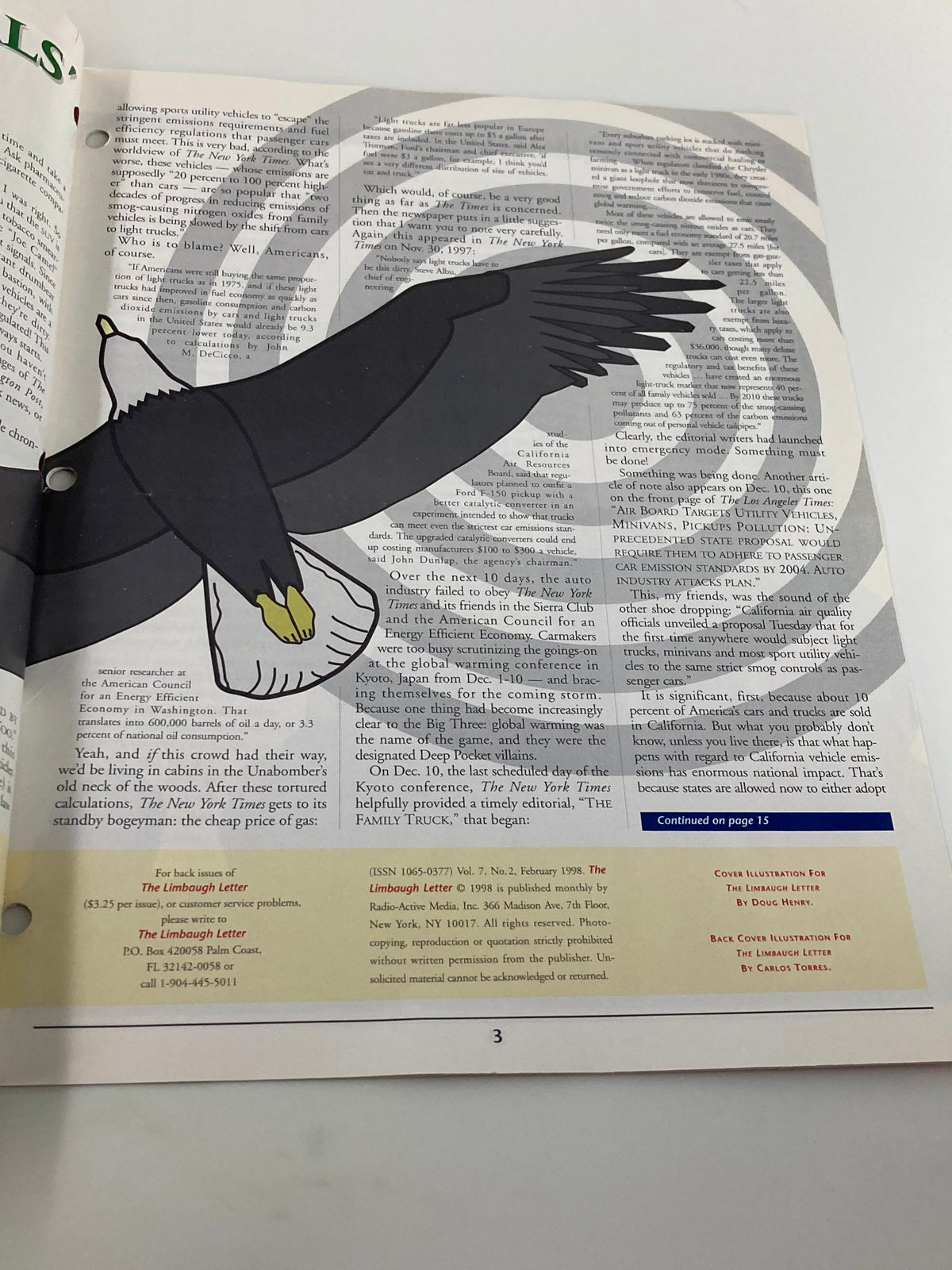 Another interior page of 'Rush Limbaugh Letter Newsletter Magazine' from February 1998, continuing the discussion on SUVs and politics, with graphical elements and various text blocks.