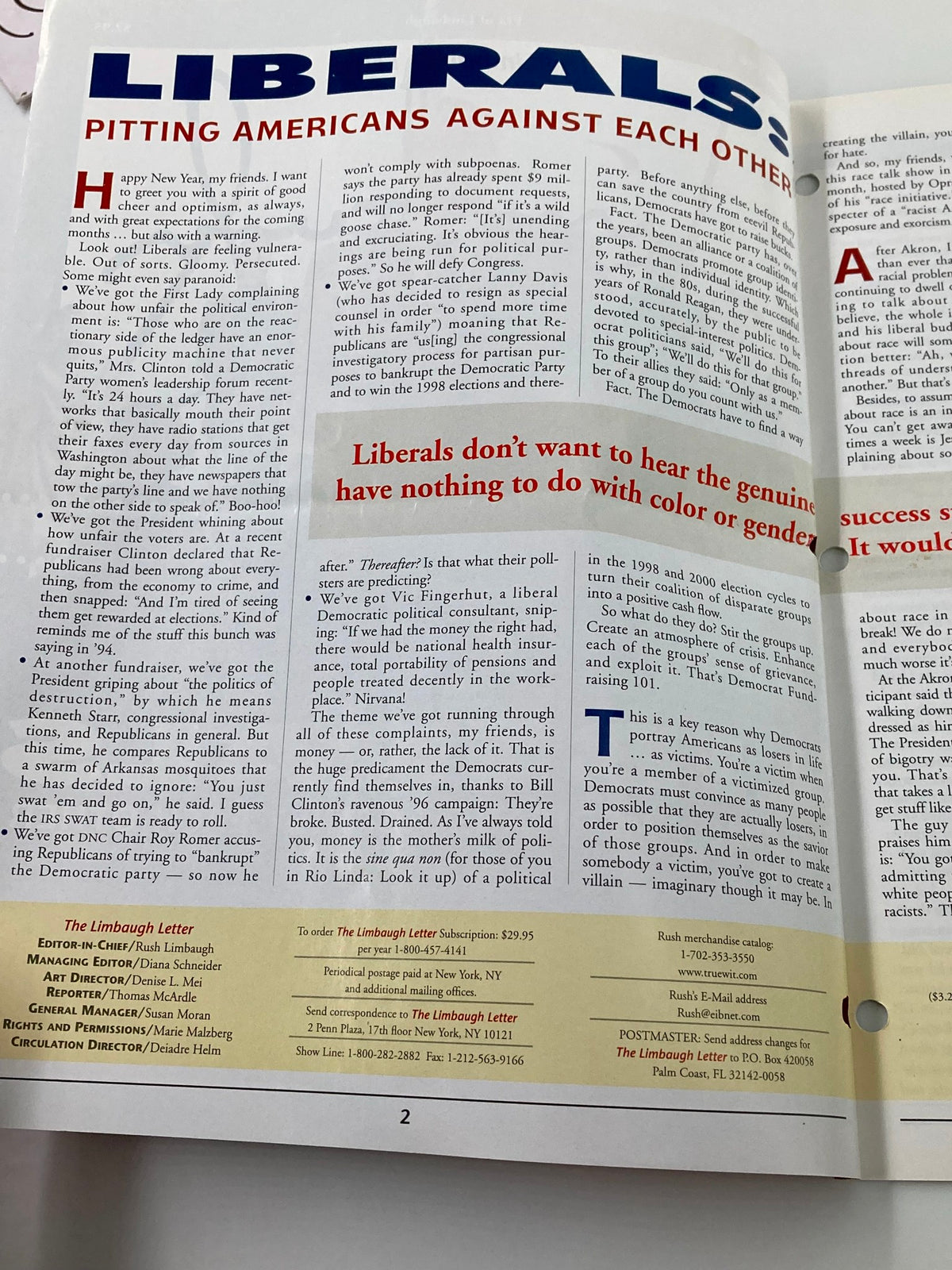 Page from the Rush Limbaugh Letter Newsletter Magazine January 1998 featuring an article titled 'Liberals: Pitting Americans Against Each Other'. The page highlights discussion on political rhetoric and societal issues of the late 1990s.