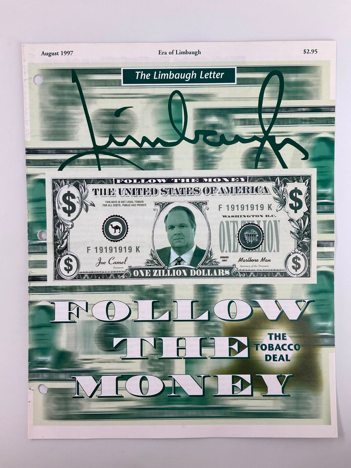 Cover of the Rush Limbaugh Letter Newsletter Magazine from August 1997, featuring the title 'Follow the Money' regarding the Tobacco Deal, with a graphic of a faux one billion dollar bill.