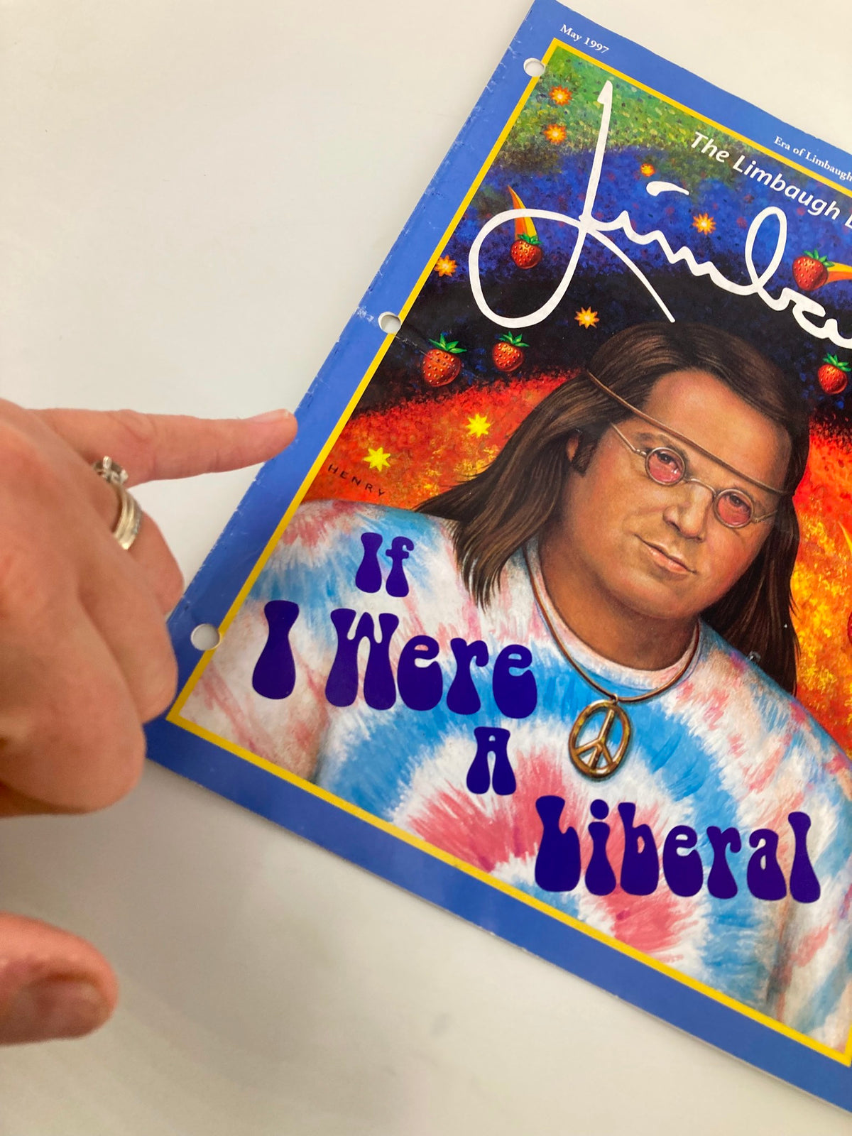 Detailed view of the cover of the Rush Limbaugh Letter Newsletter Magazine from May 1997, showcasing the title 'If I Were A Liberal' with a finger pointing at the artwork.