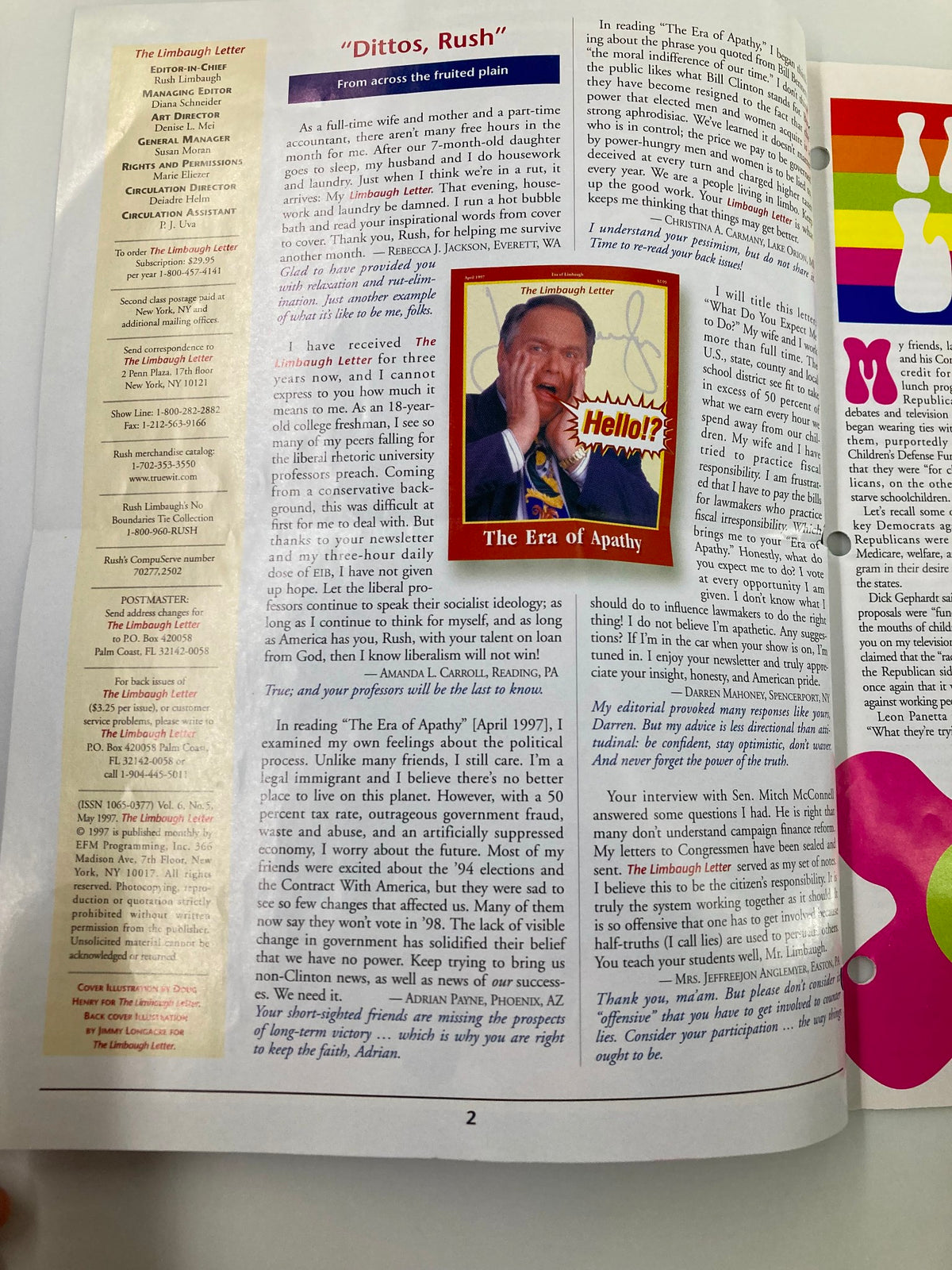 Rush Limbaugh Letter Newsletter Magazine May 1997 - Interior page featuring editorial titled 'Dittos, Rush'. The page includes personal anecdotes, political commentary, and a highlighted quote from Limbaugh, set against a backdrop of colorful illustrations and logos.