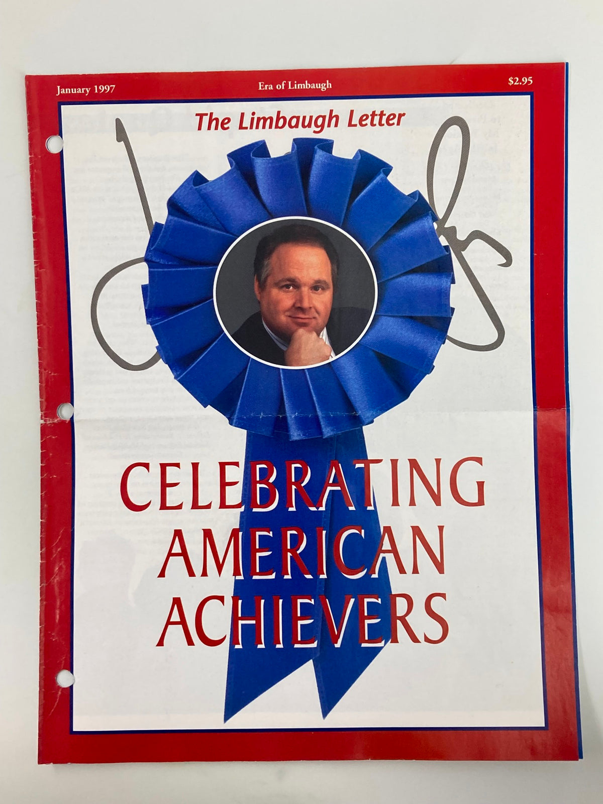 Cover of the Rush Limbaugh Letter Newsletter Magazine from January 1997, titled 'Celebrating American Achievers'. Features a blue ribbon graphic and an image of Rush Limbaugh, showcasing vintage political media from the 1990s.