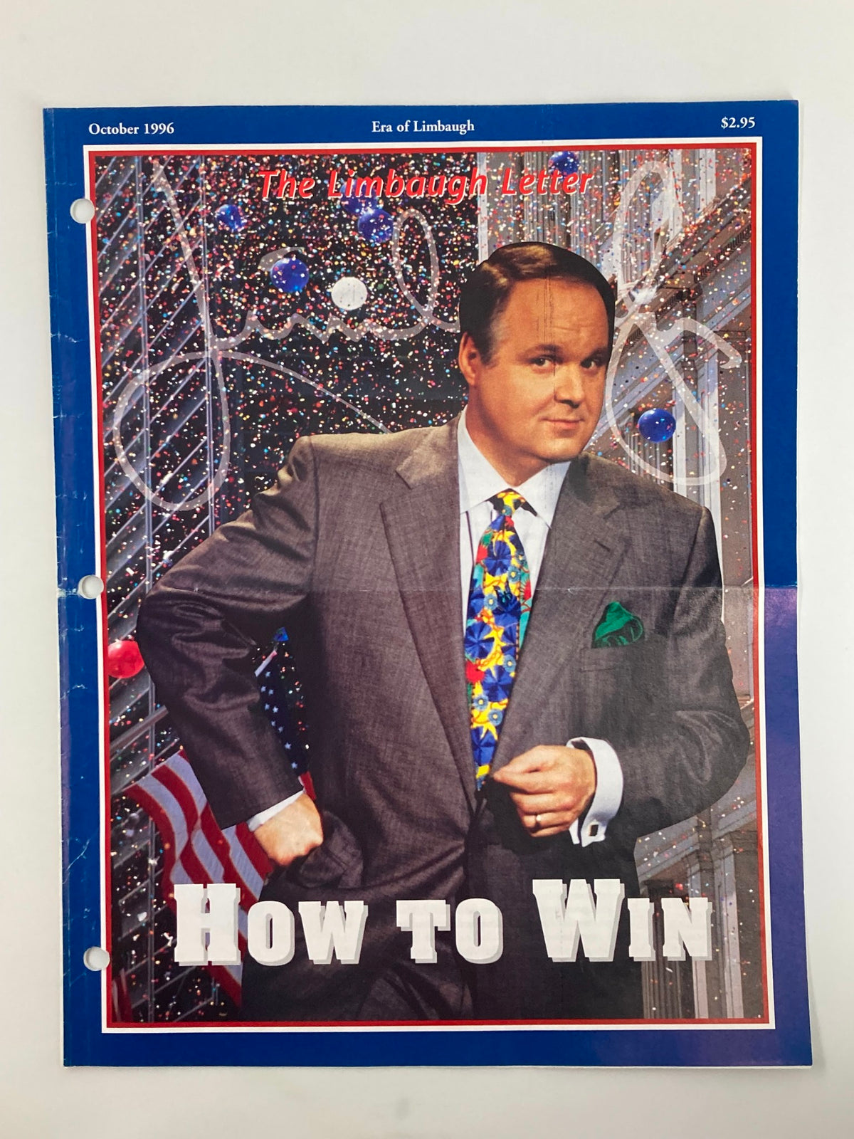 Cover of the Rush Limbaugh Letter Newsletter Magazine from October 1996 featuring the title 'How to Win' and an image of Rush Limbaugh in a suit with a colorful tie, backdrop of festive decorations.