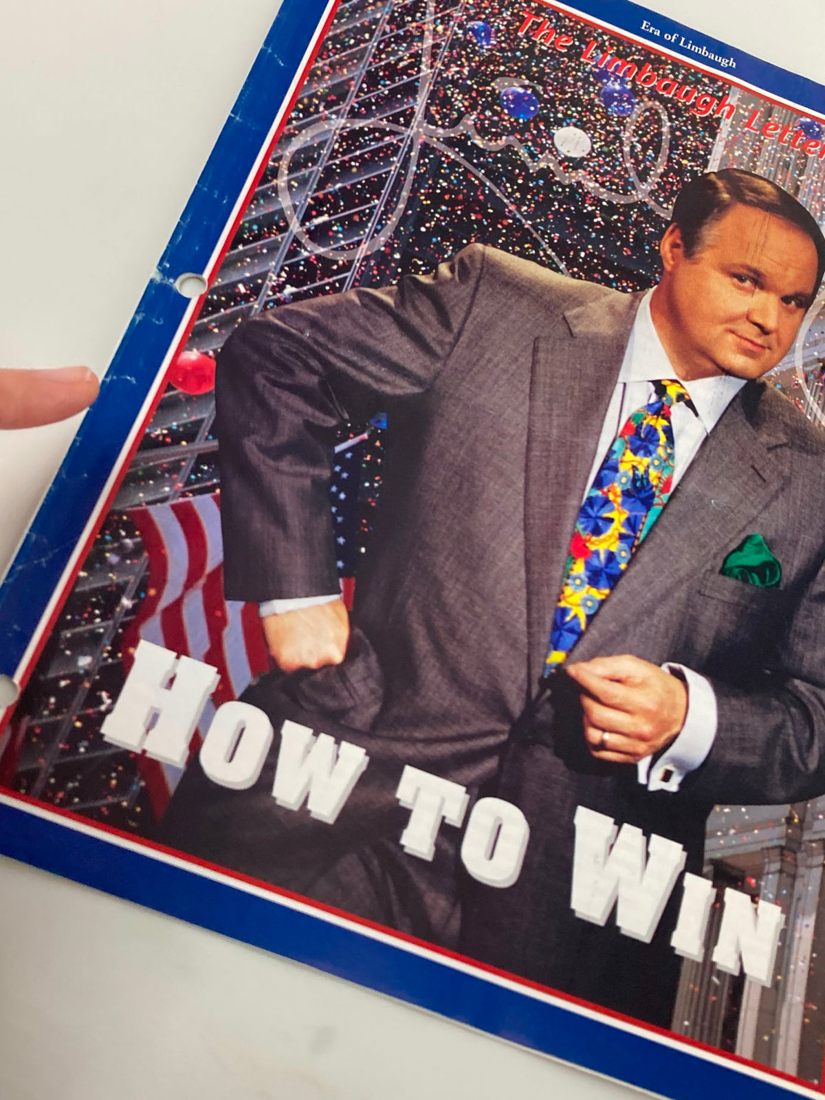 Close-up of the Rush Limbaugh Letter Newsletter Magazine October 1996 cover showing the title 'How to Win' and Rush Limbaugh, highlighting the details of the cover design and festive elements.