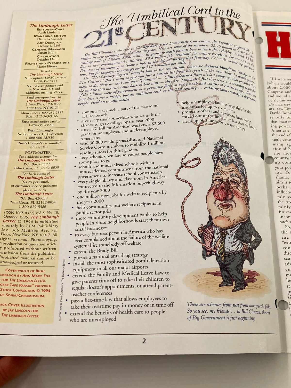 Page from the Rush Limbaugh Letter Newsletter Magazine, October 1996, featuring a caricature of Bill Clinton and discussing political strategies related to welfare reform. The article titled 'The Umbilical Cord to the 21st Century' highlights key issues in American politics during the 1990s.