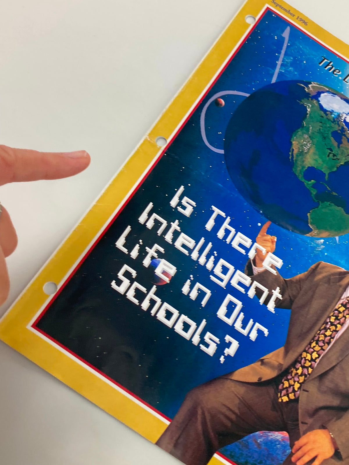 Close-up view of the Rush Limbaugh Letter Newsletter Magazine cover from September 1996, highlighting the title 'Is There Intelligent Life in Our Schools?' with the man gesturing.