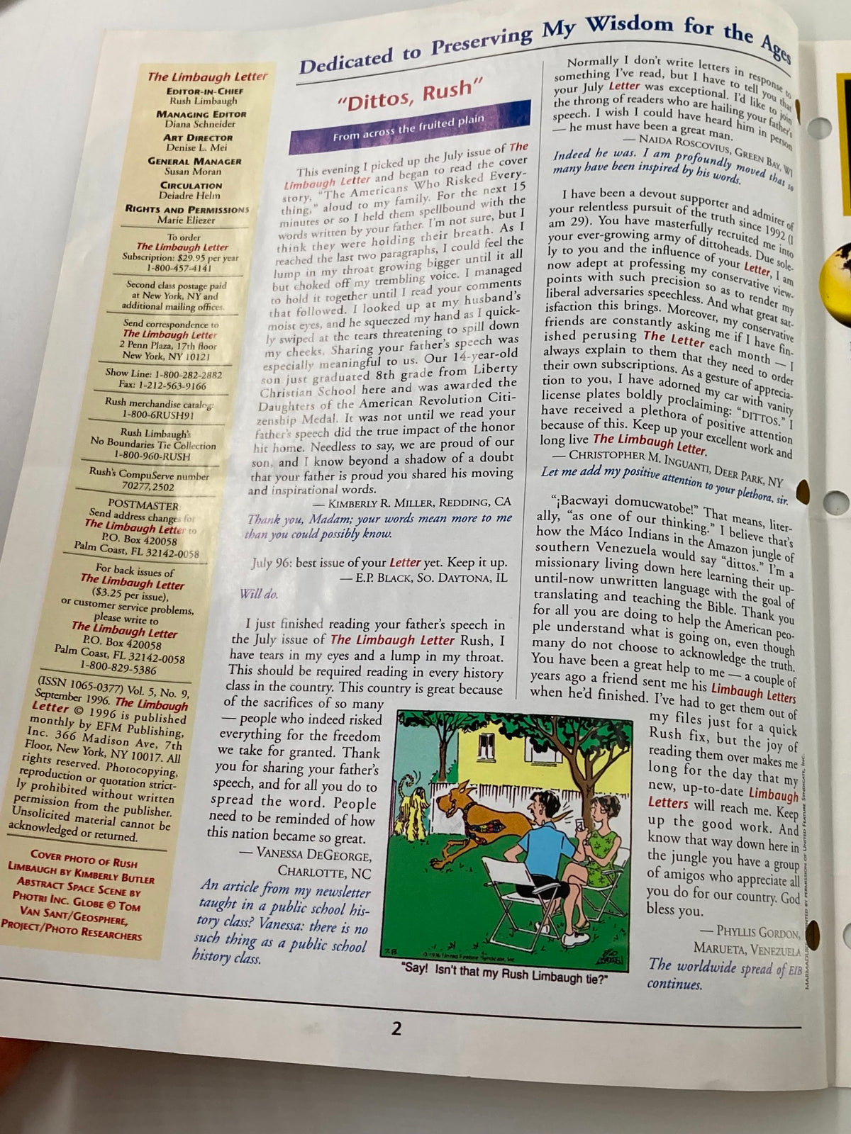 Inside page of the Rush Limbaugh Letter Newsletter Magazine from September 1996 featuring letters and commentary on education and politics.