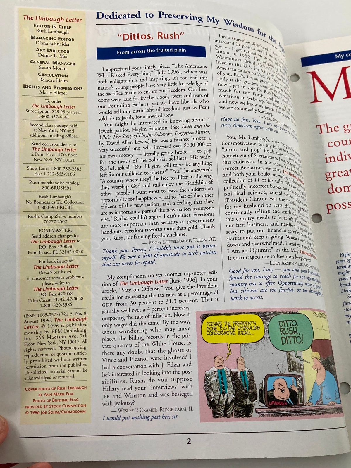 Interior page of Rush Limbaugh Letters Newsletter Magazine from August 1996 showcasing an article titled 'Dittos, Rush' with humorous illustrations and text relating to political commentary.
