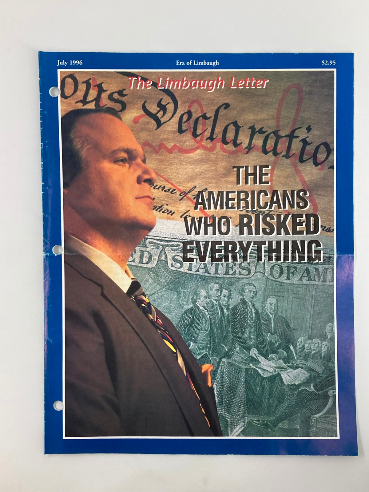 Cover of the Rush Limbaugh Letter Newsletter Magazine from July 1996, featuring the title 'The Americans Who Risked Everything,' alongside a graphic background of the Declaration of Independence and historical figures.