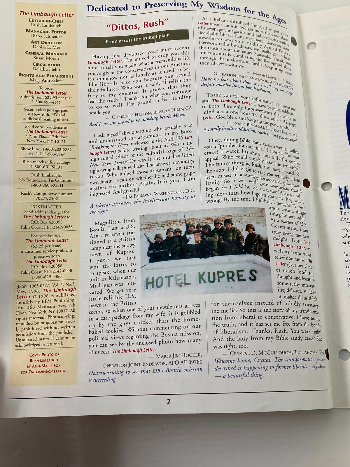 Inside page of the Rush Limbaugh Letter Newsletter Magazine May 1996 with the dedication 'Dedicated to Preserving My Wisdom for the Ages' alongside a message from Rush Limbaugh.