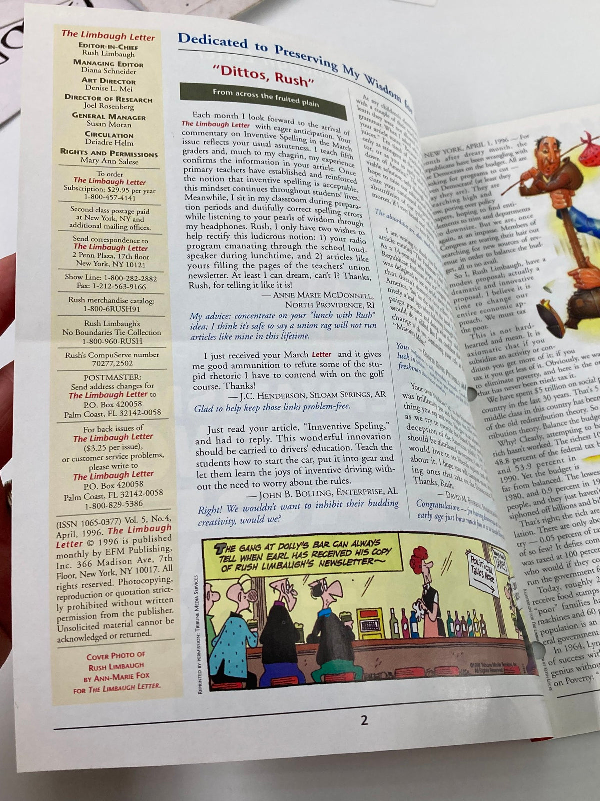 Inside page of Rush Limbaugh Letter Newsletter from April 1996, featuring articles and commentary with a cartoon illustration, highlighting conservatism as a driving force in political discussions.