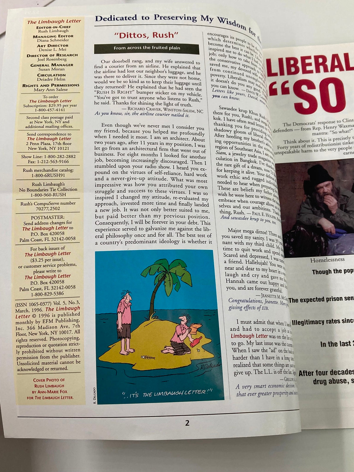 Interior page of the Rush Limbaugh Letter Newsletter Magazine March 1996, featuring an article titled 'Dittos, Rush' along with a cartoon and subscription details.