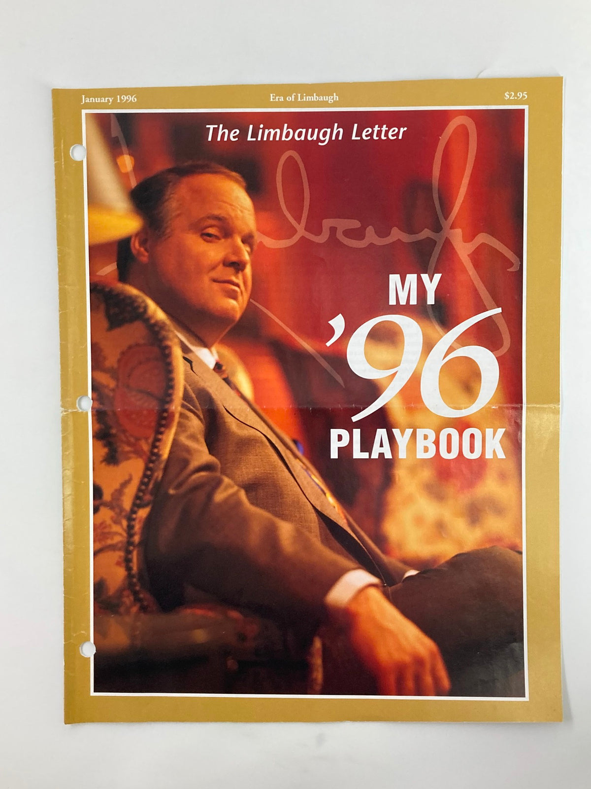 Cover of the Rush Limbaugh Letter Newsletter Magazine for January 1996 titled 'Rush in My '96 Playbook', featuring a portrait of Rush Limbaugh in a suit sitting on a patterned chair.