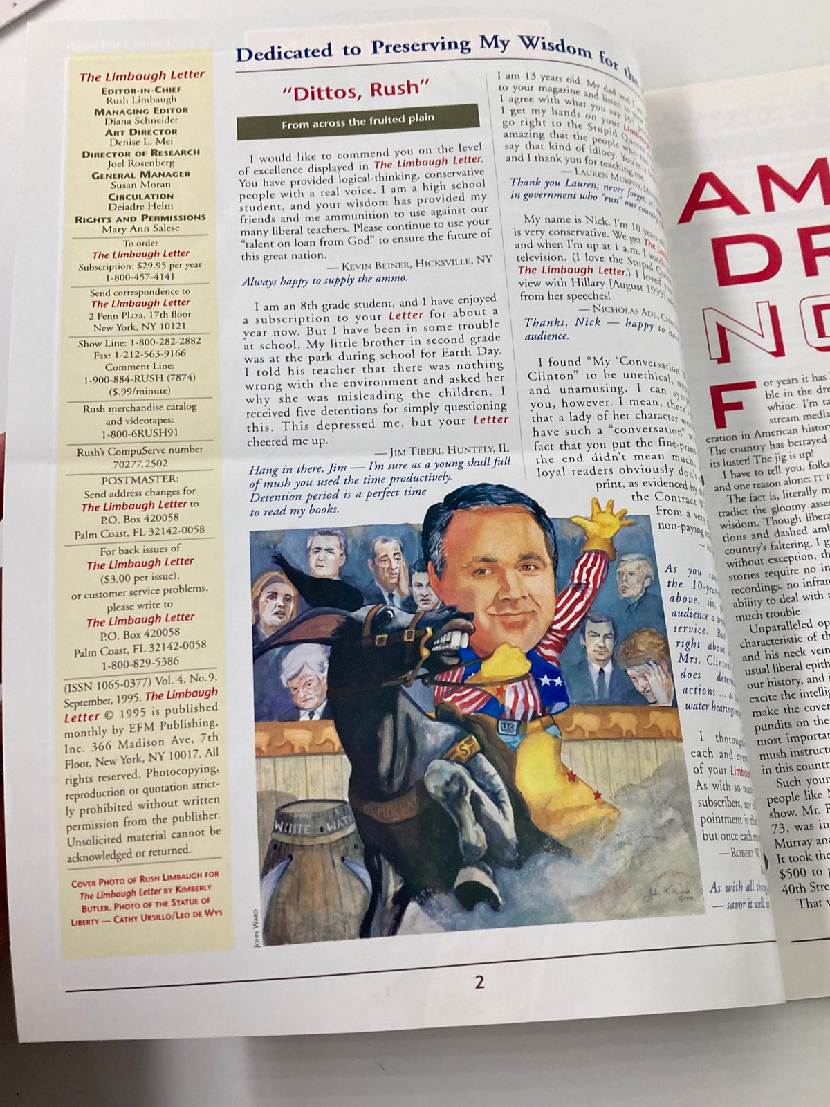 Inside page of the Rush Limbaugh Letter Newsletter Magazine from September 1995 titled 'American Dream Not Over', displaying letters from readers and a colorful illustration featuring Rush Limbaugh, highlighting its historical significance.