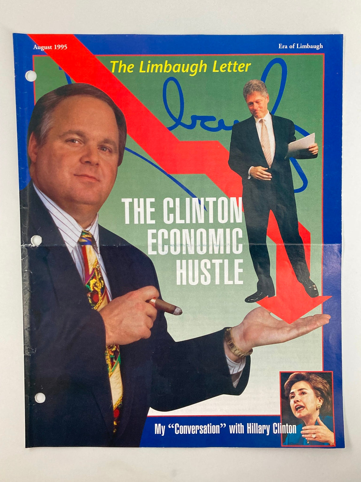 Rush Limbaugh Letter Newsletter Magazine August 1995 cover featuring title 'The Clinton Economic Hustle' with an image of Limbaugh holding a cigar alongside Bill Clinton.