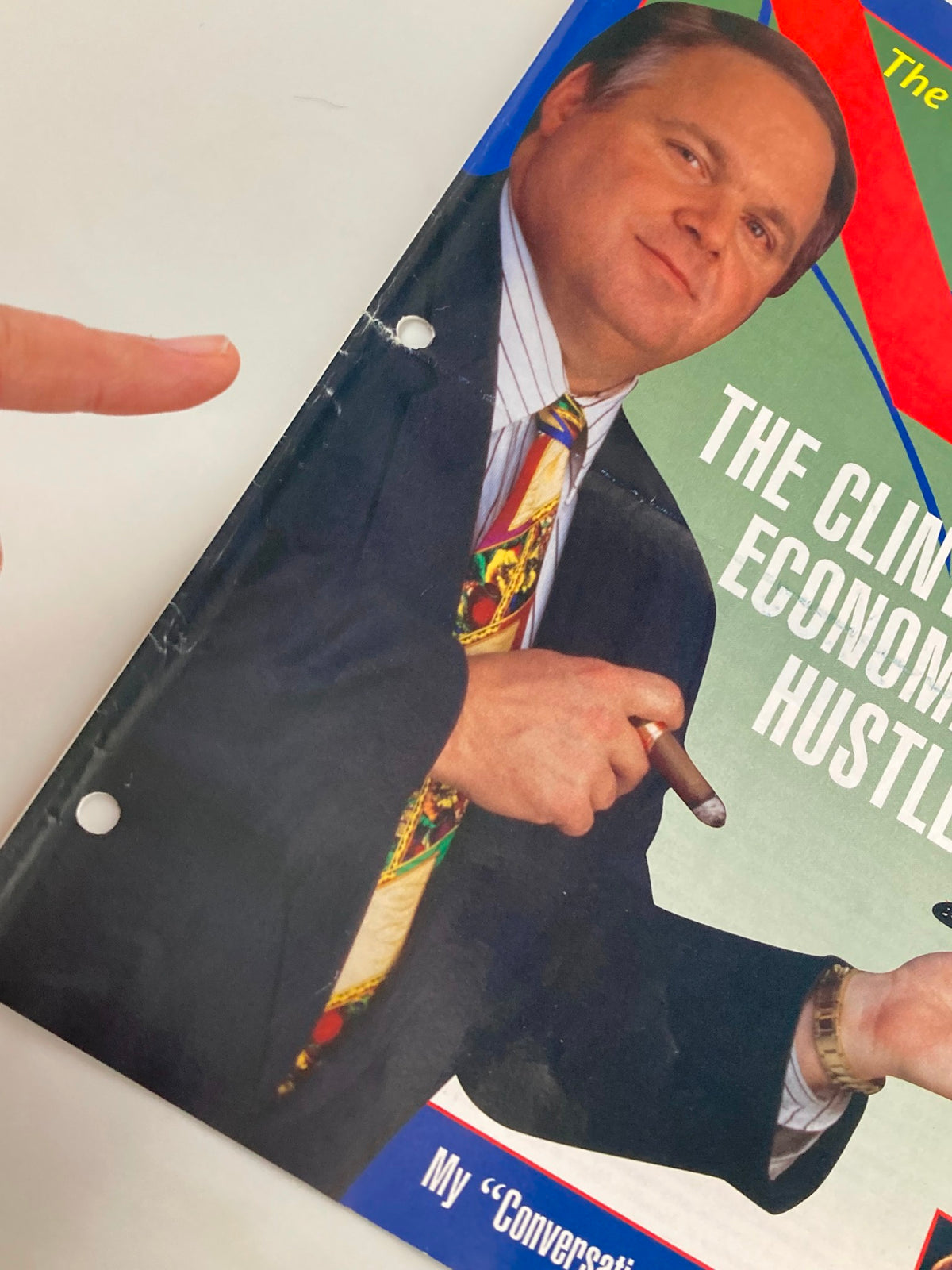 Close-up of the cover of Rush Limbaugh Letter Newsletter Magazine August 1995 showing Limbaugh's face and cigar with details of the magazine's title 'The Clinton Economic Hustle'.
