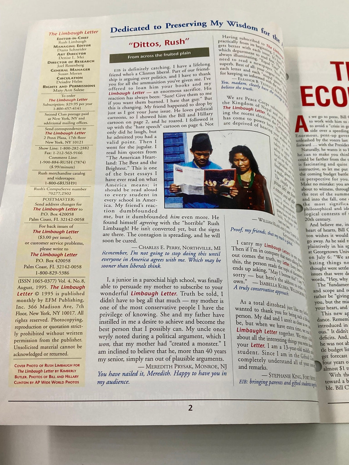 Inside page of Rush Limbaugh Letter Newsletter Magazine August 1995 displaying excerpts and commentary, including the section titled 'Dittos, Rush'.