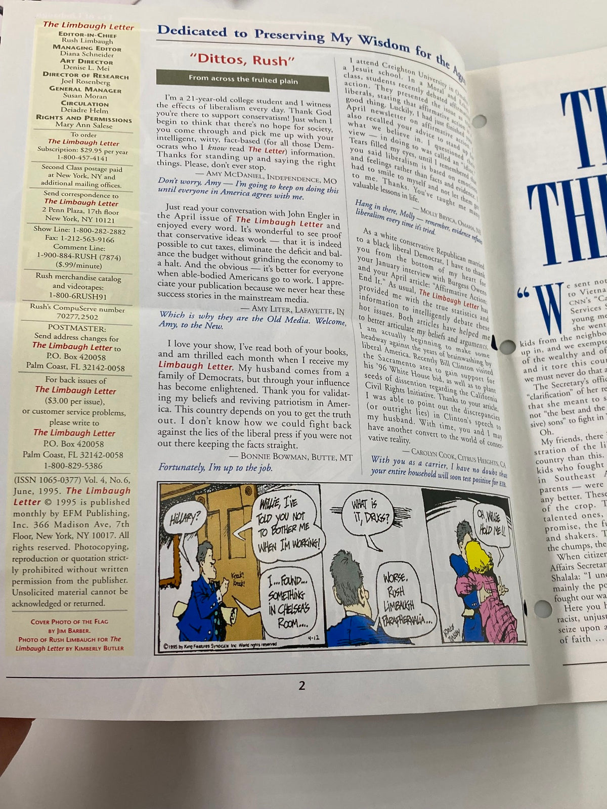Inside page of the June 1995 Rush Limbaugh Letter, 'The Best and The Brightest', displaying articles and a cartoon, showcasing the magazine's vintage design and cultural commentary.