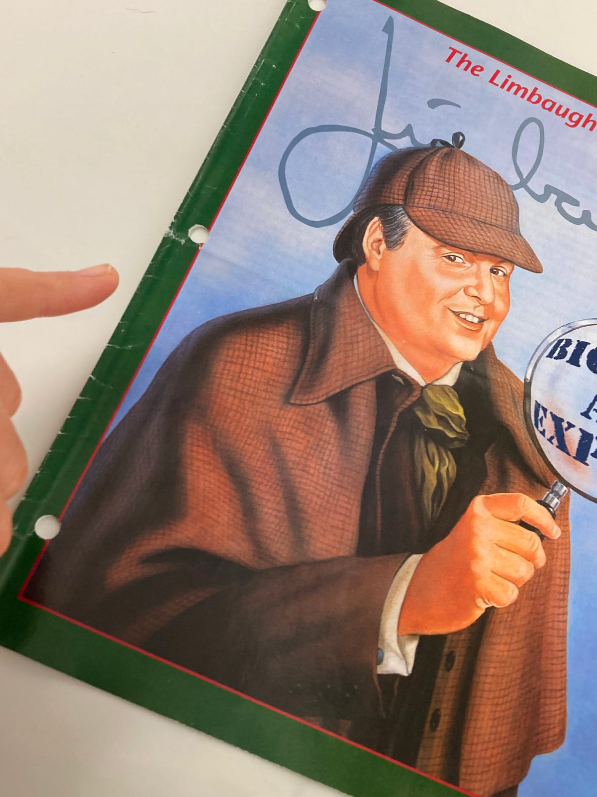 Close-up of the Rush Limbaugh Letter Newsletter Magazine cover from May 1995 with emphasis on the title 'The Big Lie: An Expose' and an illustrated depiction of Rush Limbaugh holding a magnifying glass.