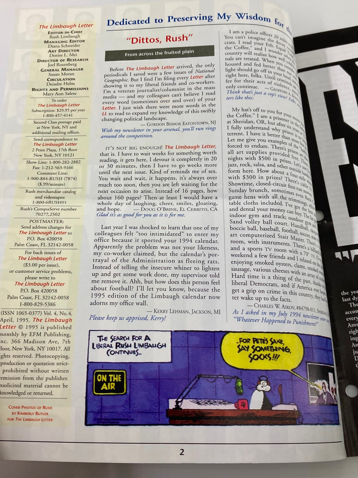 An inside page of the Rush Limbaugh Letter Newsletter Magazine from April 1995 that includes text 'Dedicated to Preserving My Wisdom for Rush' and a humorous cartoon relating to a radio broadcast.