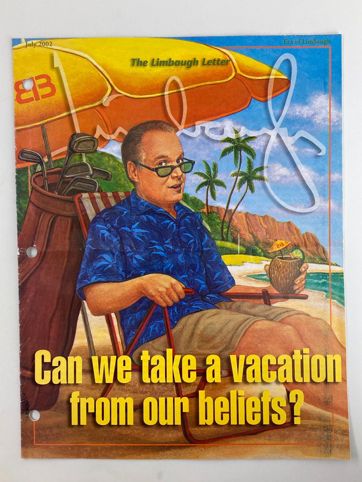 Cover of the Rush Limbaugh Letter Newsletter Magazine from July 2002 titled 'Can We Take A Vacation from Our Beliefs?', featuring a man relaxing on a beach with a drink, reflecting a vintage design.