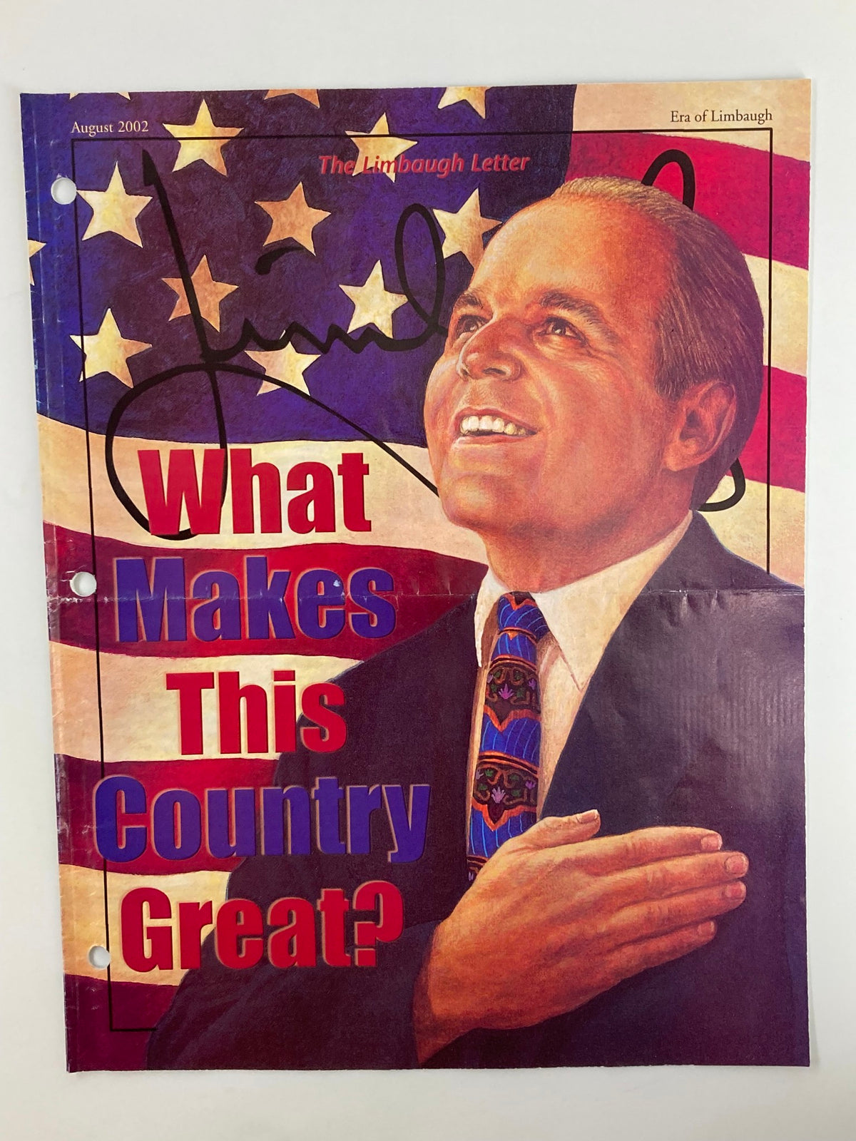 Cover of the Rush Limbaugh Letter Newsletter Magazine August 2002 featuring an iconic image of Rush Limbaugh with the text 'What Makes This Country Great?' set against a backdrop of American flags.