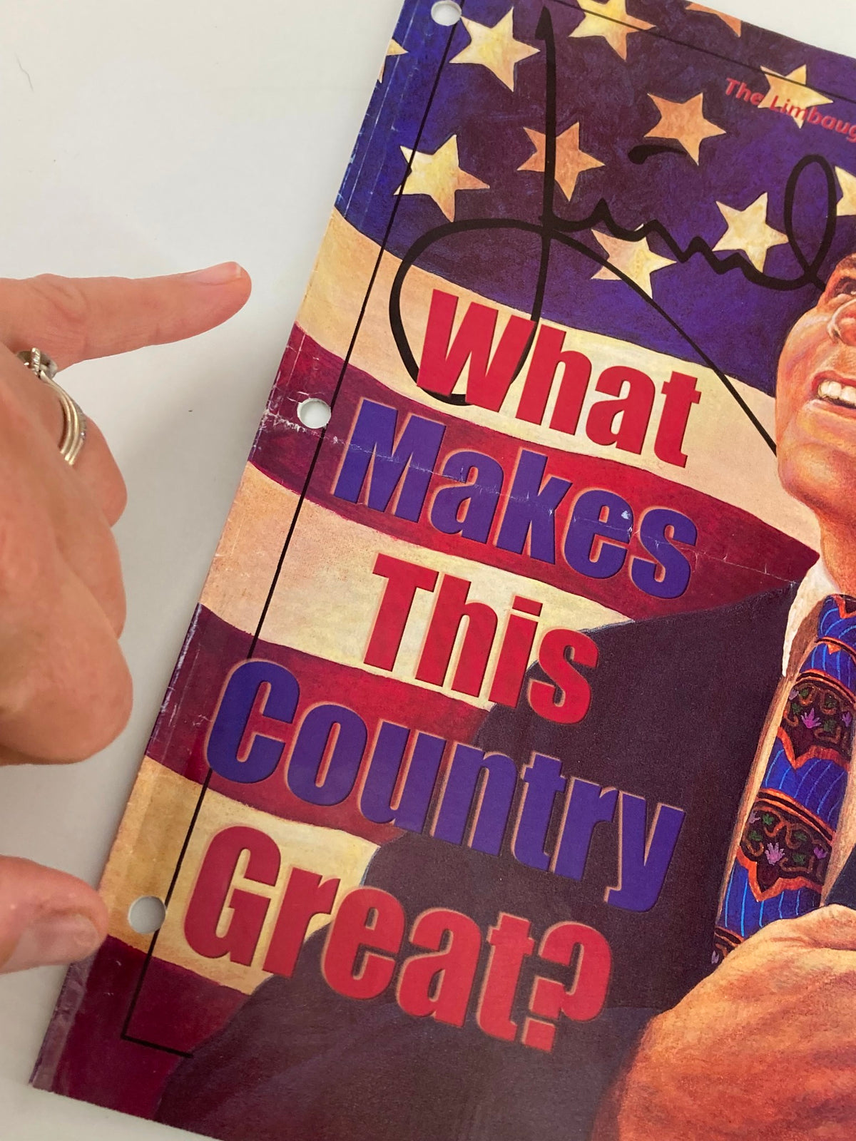 Detail image of the cover of the Rush Limbaugh Letter Newsletter Magazine August 2002 showing a hand pointing at the text 'What Makes This Country Great?' alongside Rush Limbaugh's signature.