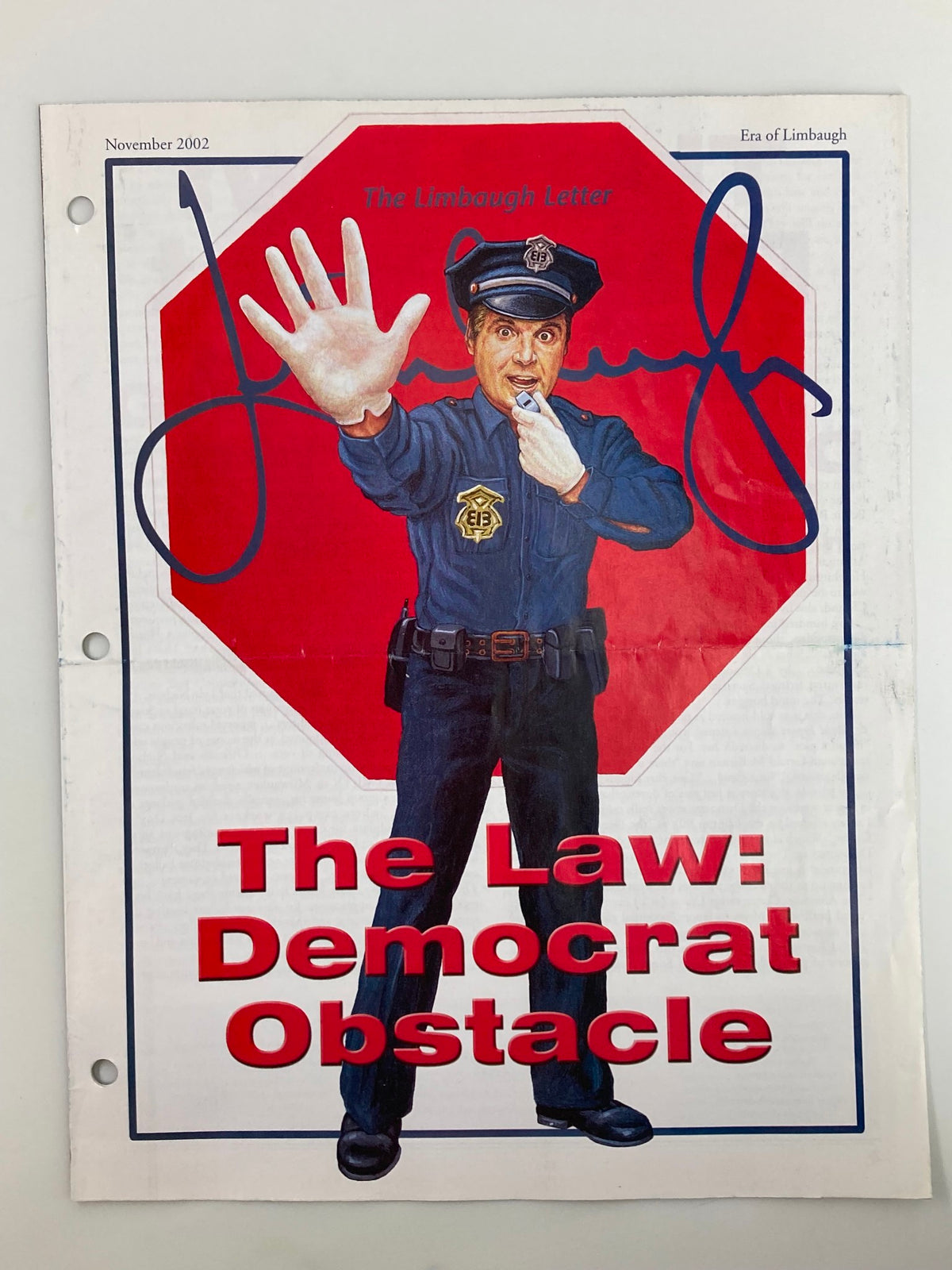 Rush Limbaugh Letter Newsletter Magazine November 2002 cover featuring a police officer with a red background and the title 'The Law: Democrat Obstacle' prominently displayed.