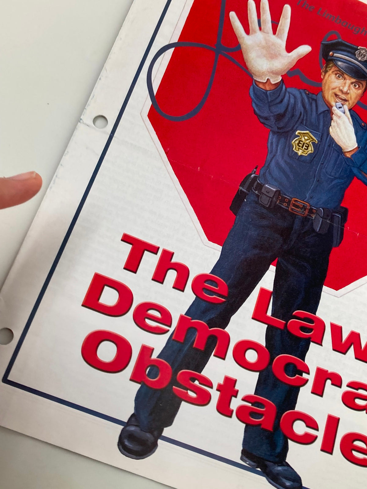 Close-up of the Rush Limbaugh Letter Newsletter Magazine November 2002 cover showing the police officer's hand gesture and facial expression with the title 'The Law: Democrat Obstacle.'