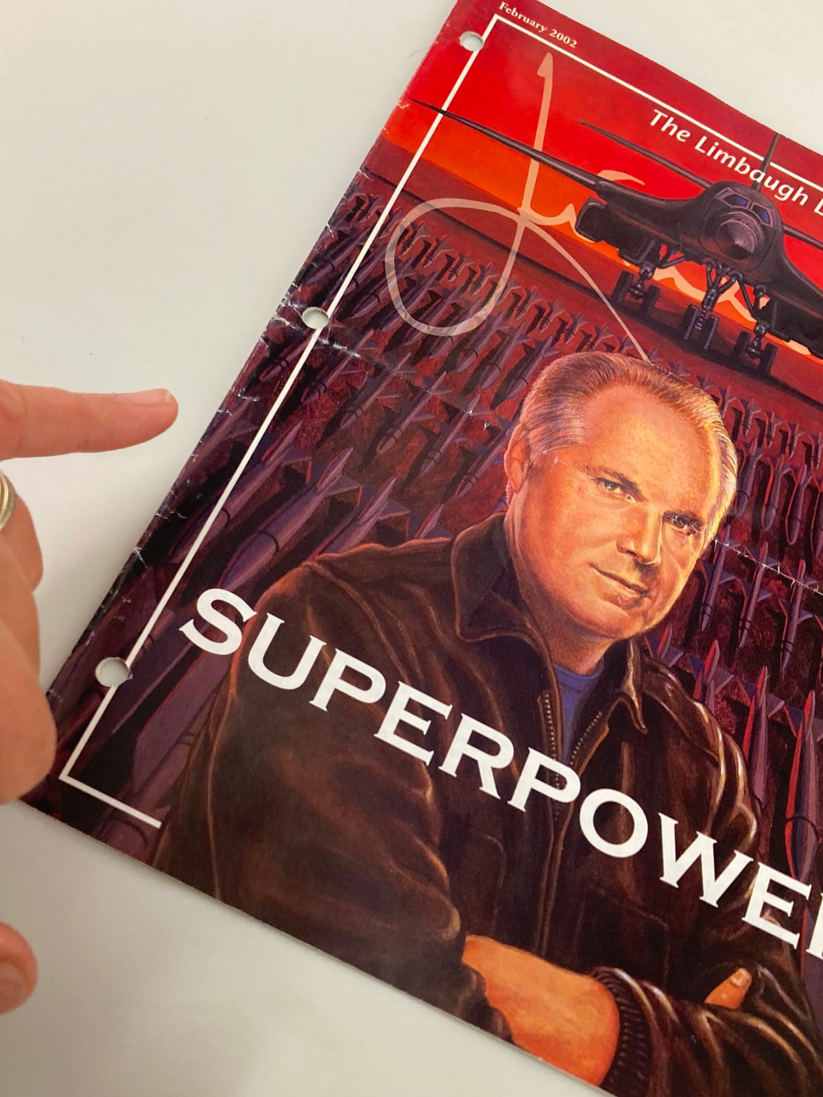 Close-up view of the February 2002 Rush Limbaugh Letter Magazine cover with emphasis on the title 'SUPERPOWER' and Rush Limbaugh's portrait.