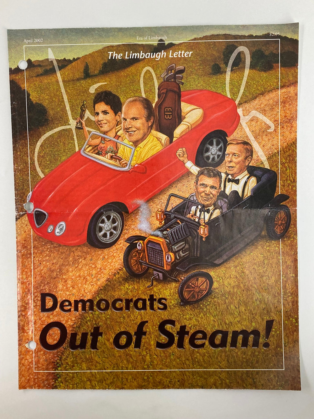 Cover of the Rush Limbaugh Letter Newsletter Magazine April 2002 featuring cartoon illustration of Rush Limbaugh driving a red convertible with two characters, titled 'Democrats Out of Steam!'.