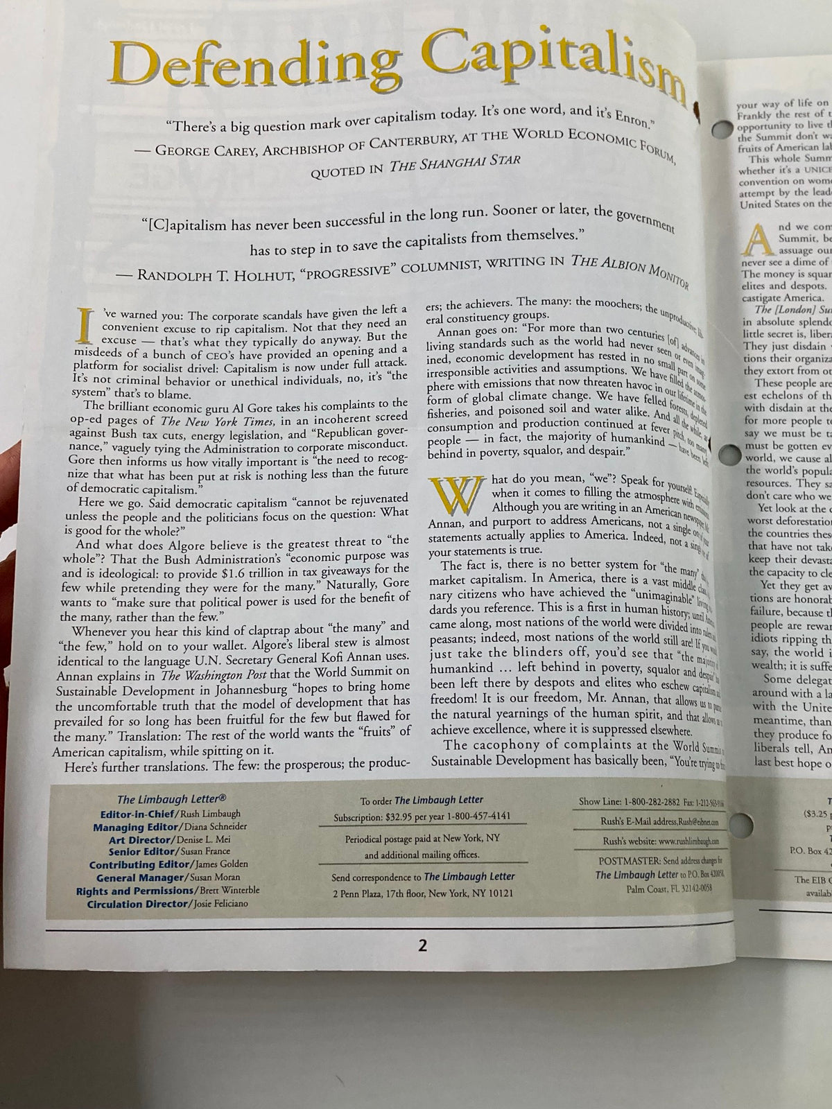 Interior page of the Rush Limbaugh Letter Newsletter Magazine September 2002 titled 'Defending Capitalism' containing text and insights on capitalism.