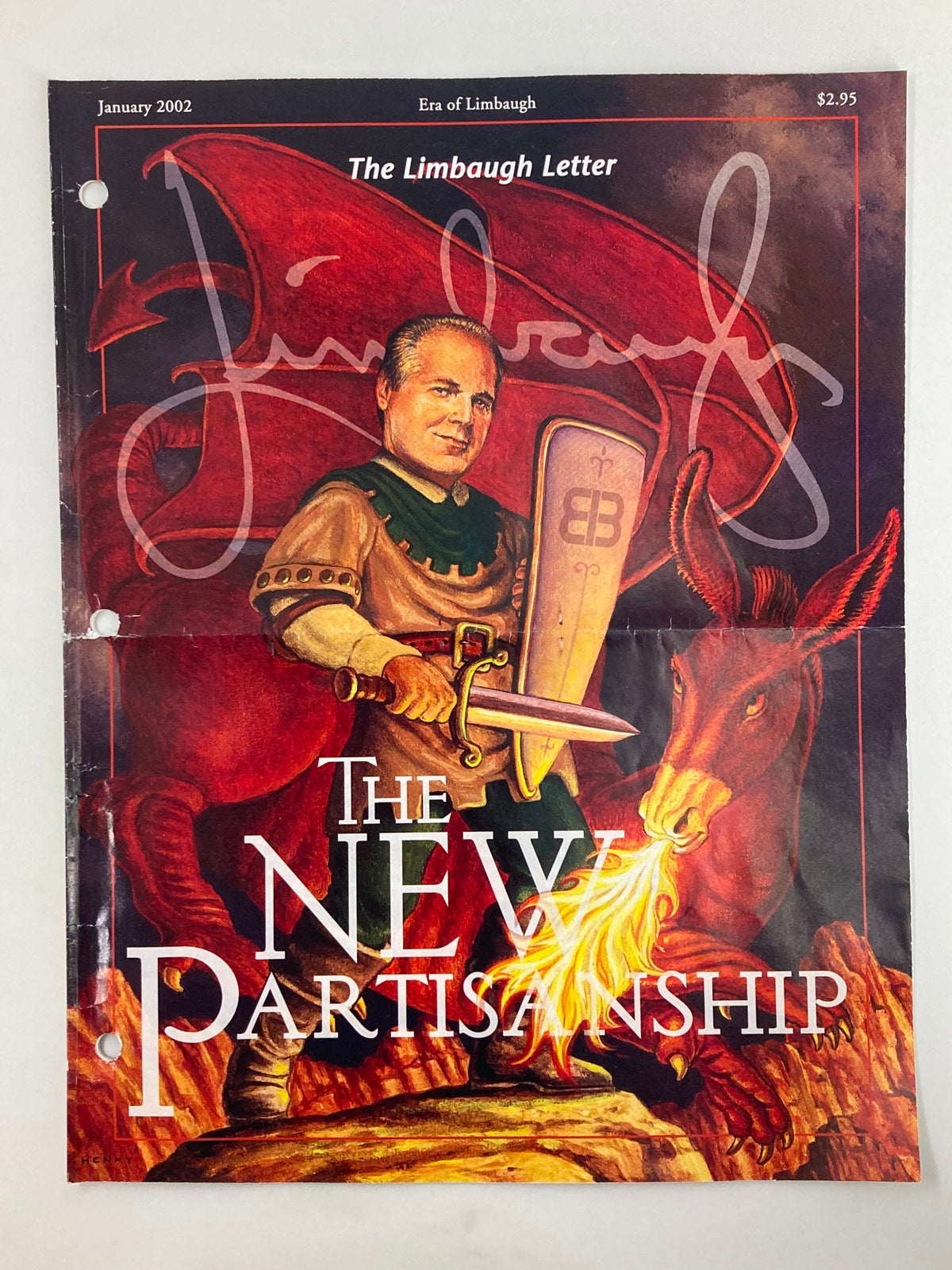 Cover of the Rush Limbaugh Letter newsletter magazine from January 2002, titled 'The New Partianship,' featuring an illustration of Rush Limbaugh with a sword and a fire-breathing creature.
