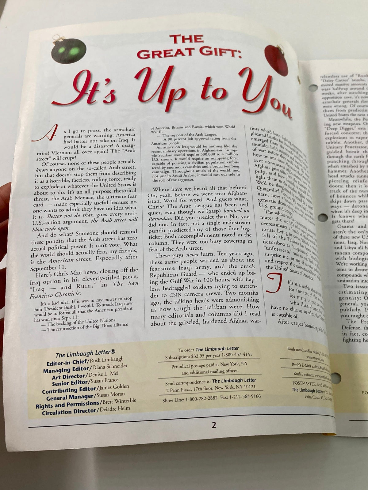 Page from the Rush Limbaugh Letter Newsletter Magazine December 2001 titled 'The Gift Is Up To You' featuring the editorial section with a festive design and commentary on political discourse.