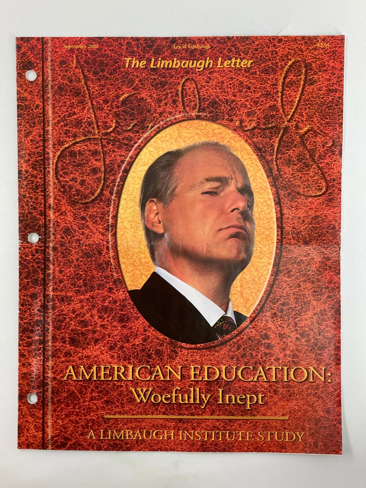 Rush Limbaugh Letter Newsletter Magazine September 2001 cover featuring a portrait of Rush Limbaugh with the title 'American Education: Woefully Inept' and a red textured background.