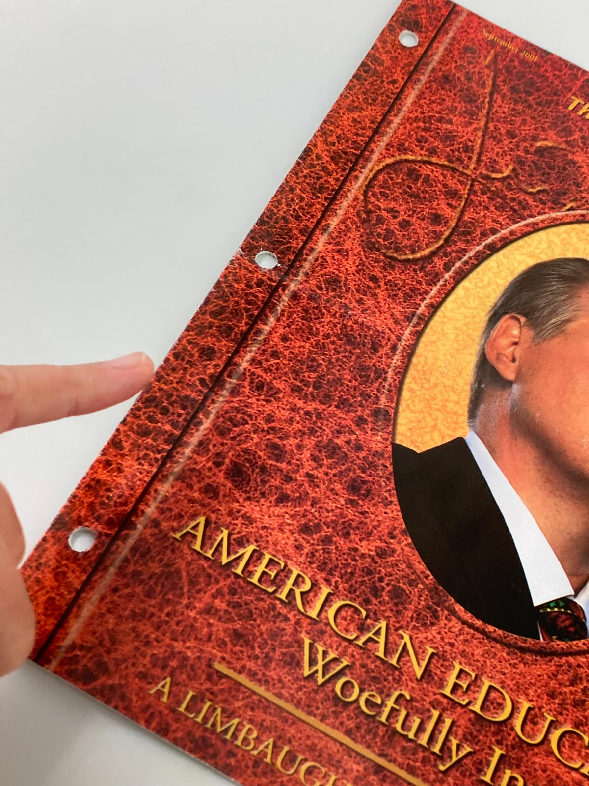 Close-up image of the Rush Limbaugh Letter Newsletter Magazine September 2001 showing the hole-punched spine and the title 'American Education: Woefully Inept' in a vintage design.