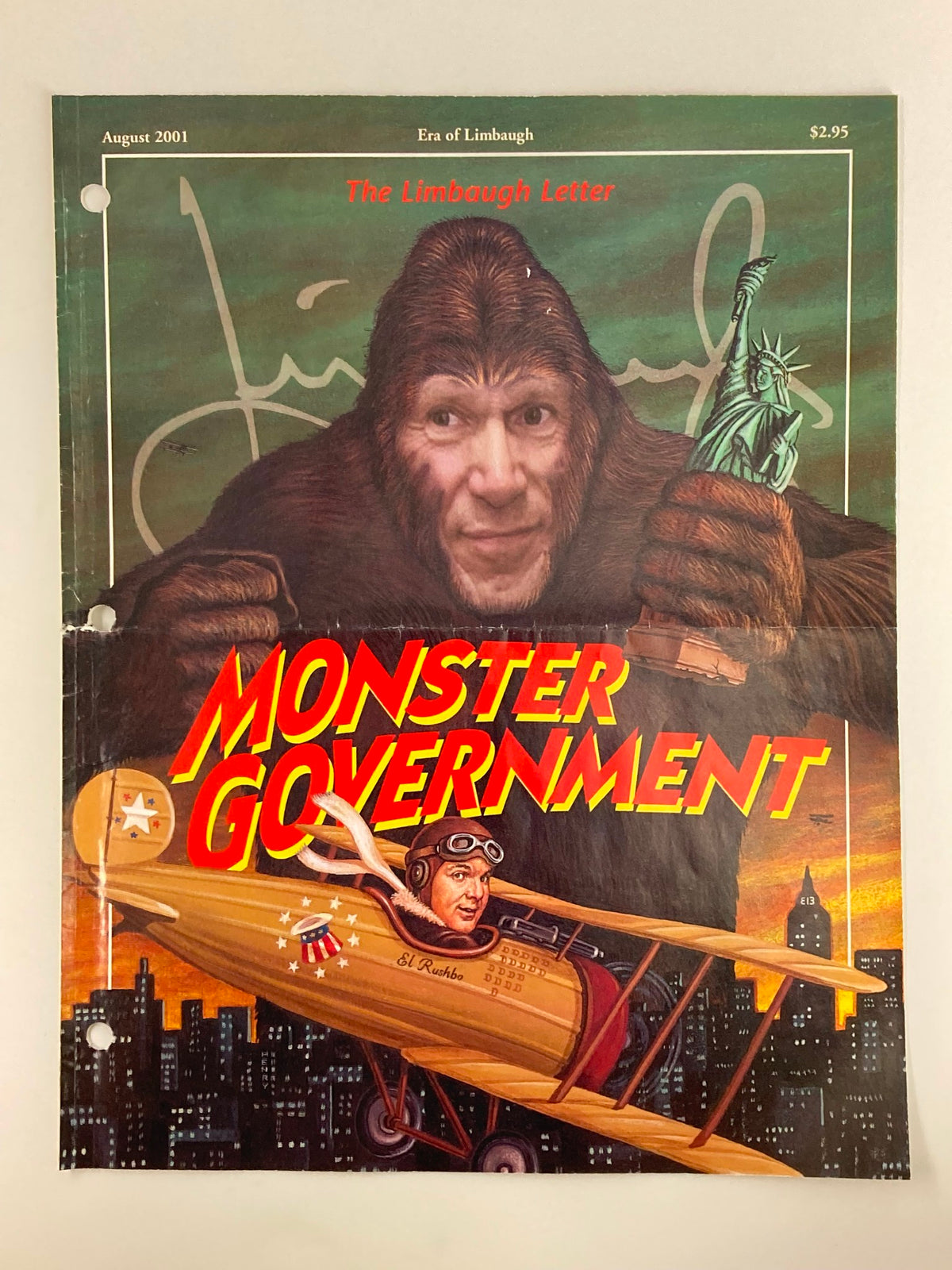 Rush Limbaugh Letter Newsletter Magazine August 2001 cover featuring 'The Monster Government' with a creative illustration of a gorilla and an airplane against a city skyline, reflecting political themes of the early 2000s.