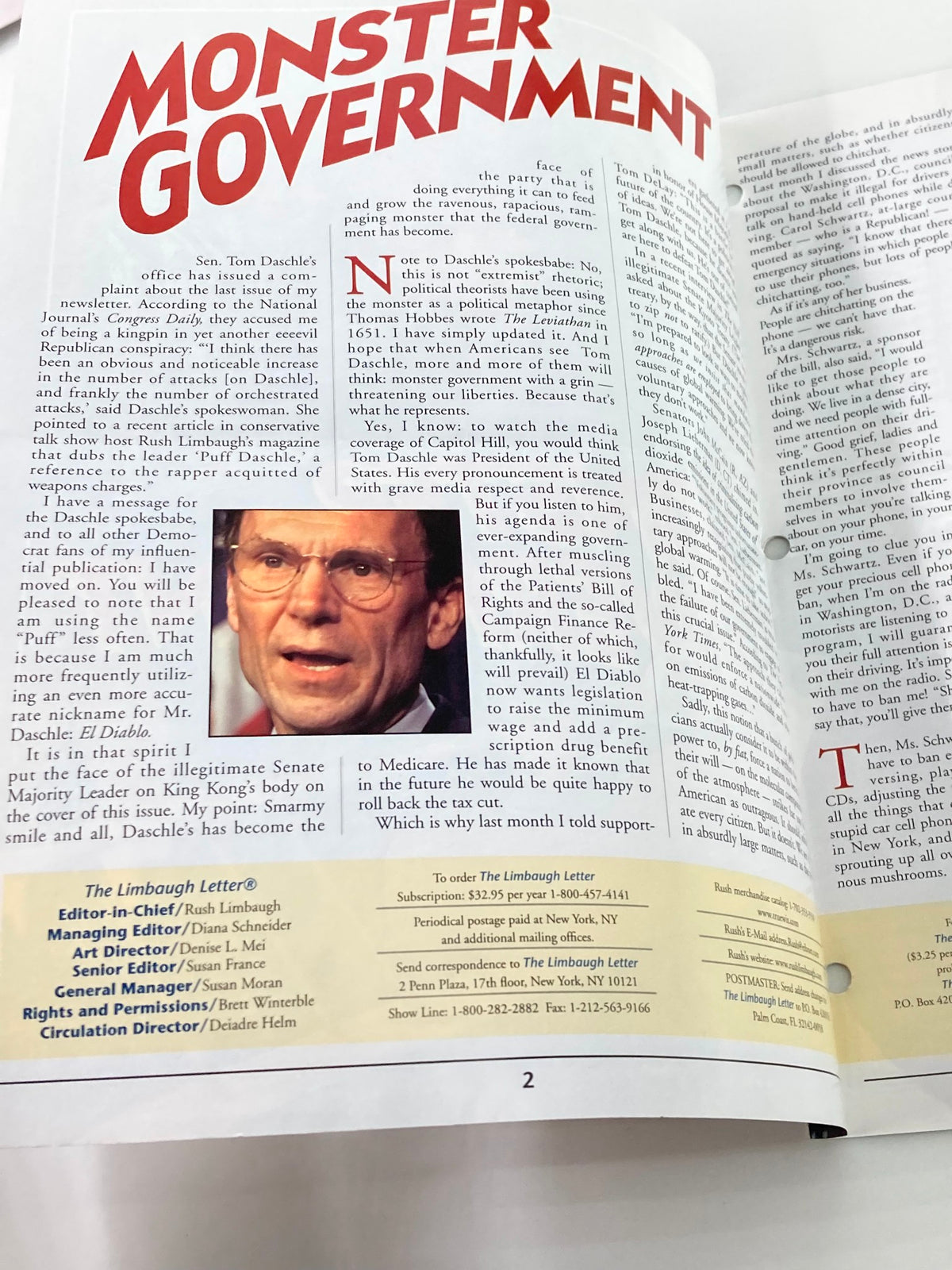 Inside page of Rush Limbaugh Letter Newsletter Magazine August 2001, showcasing an article on 'The Monster Government'. Includes text and images relevant to political commentary.